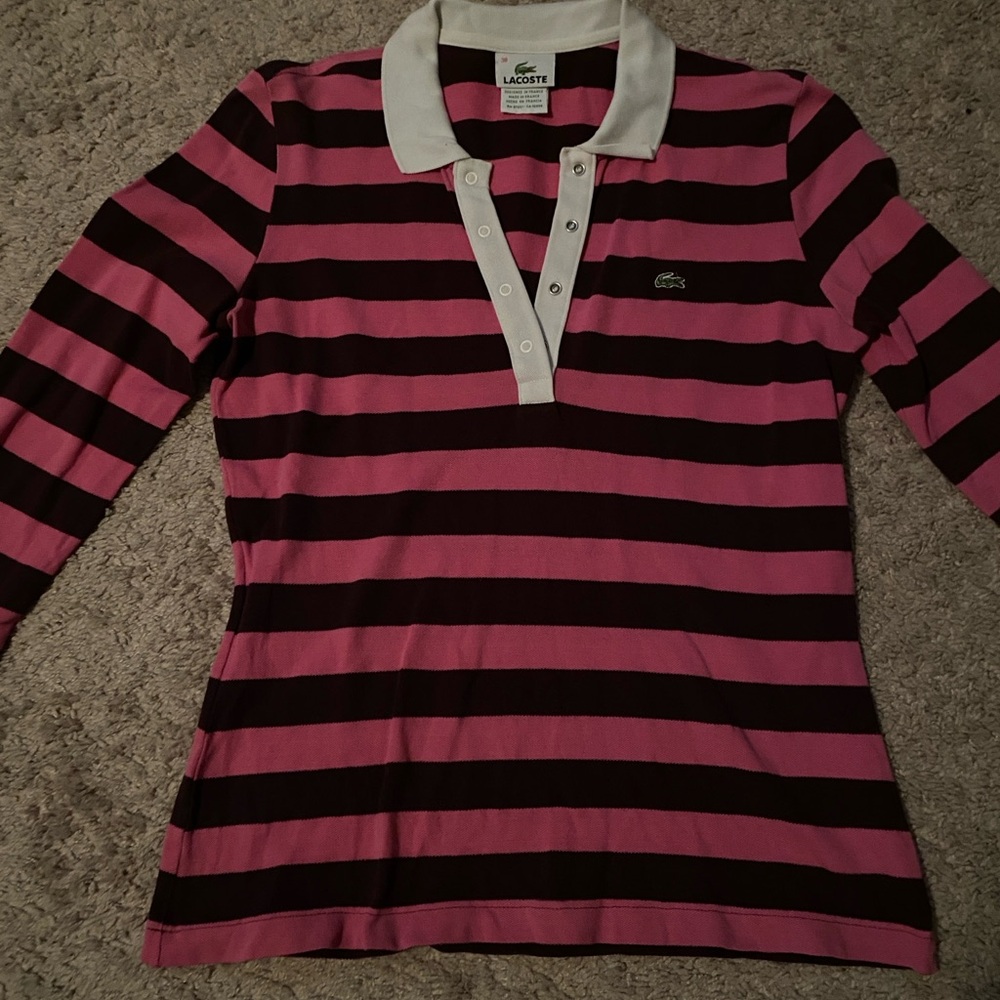 Lacoste pink/brown striped polo shirt.